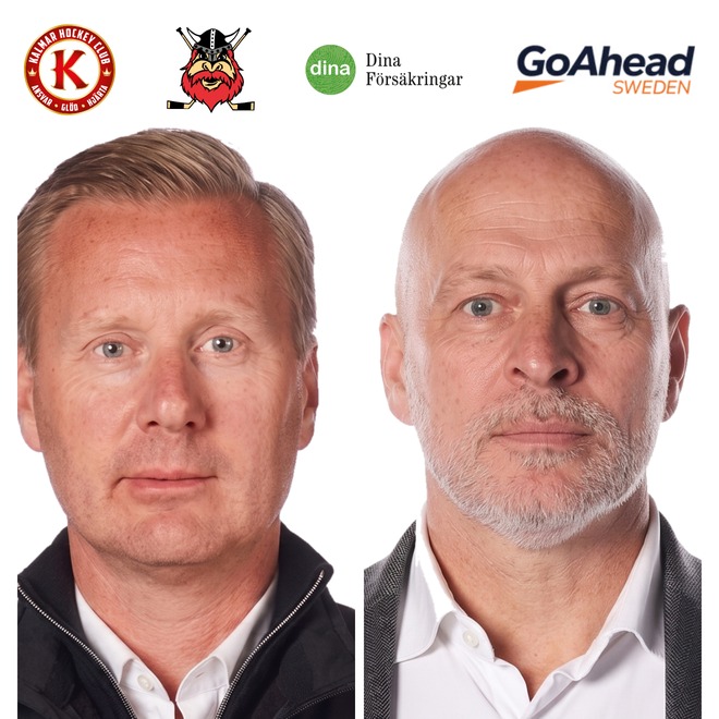 Två talare med logotyper för Kalmar Hockey Club, Nybro Vikings, Dina Försäkringar och GoAhead Sweden